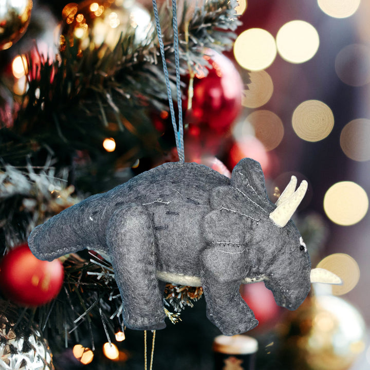 Gray Dino Triceratops hanging handmade hand-felted Christmas ornament