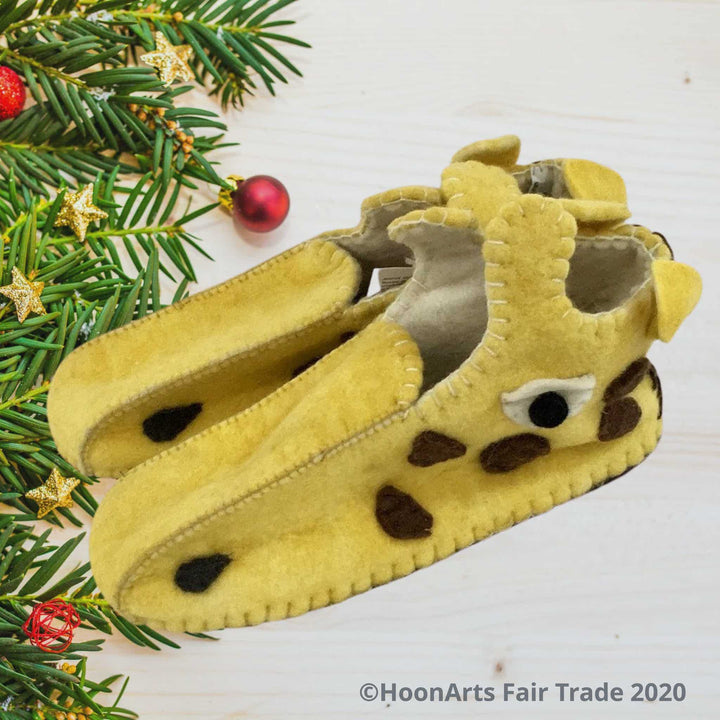 Adorable adult zooties-handmade, fair trade merino wool slippers from Kyrgyzstan, designed to look like giraffes