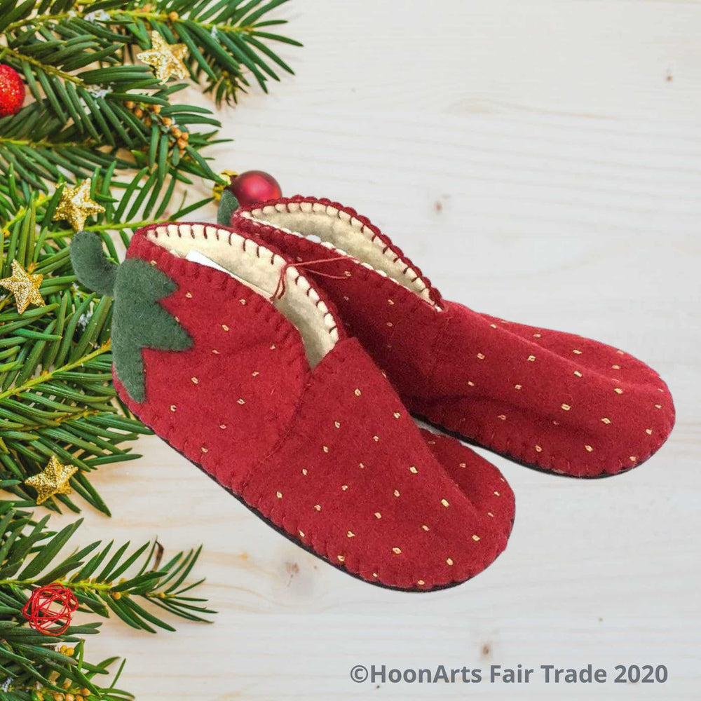 Adult Zooties-Handmade fair trade Merino wool slippers from Kyrgyzstan, designed to look like strawberrings