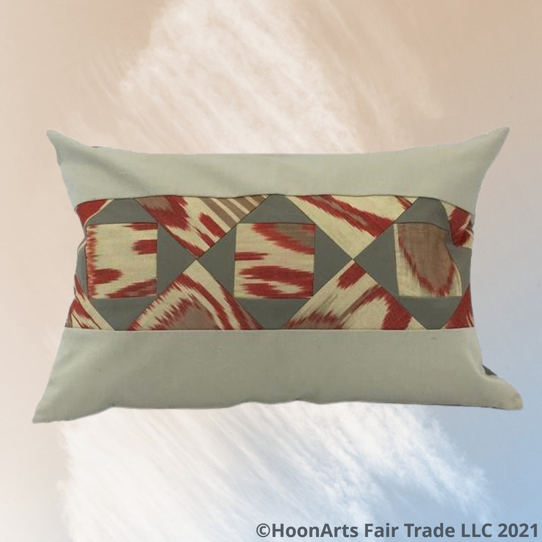 Anor (Pomegranate) Ikat Patchwork-14" X 20" Lumbar Pillow Cover