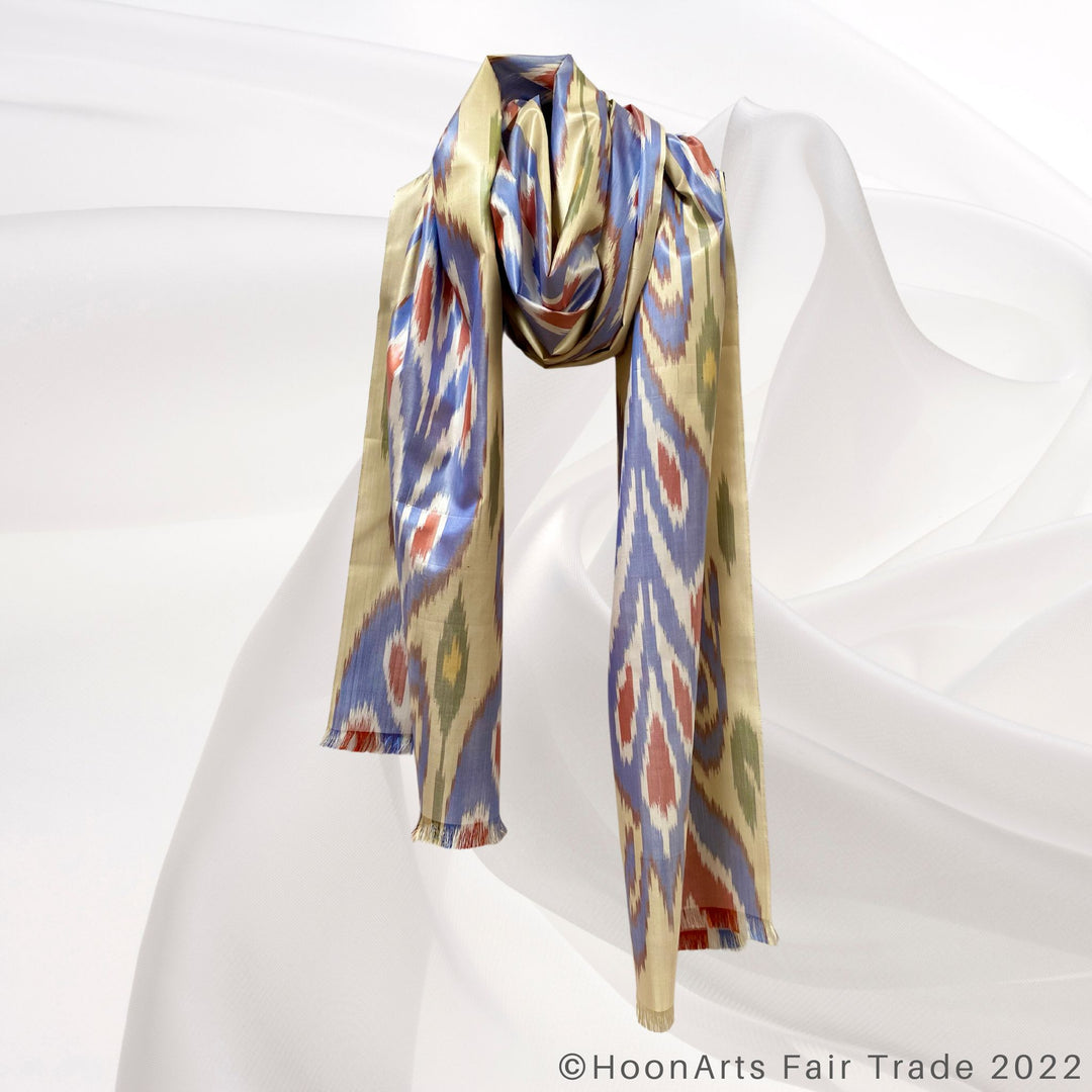 Silk Pastel Yellow Blue & Red Handwoven Ikat Scarf Around the neck