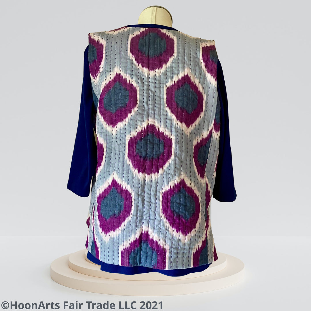 Asymmetrical Handwoven Ikat Vest-Purple and Grey Back View | HoonArts