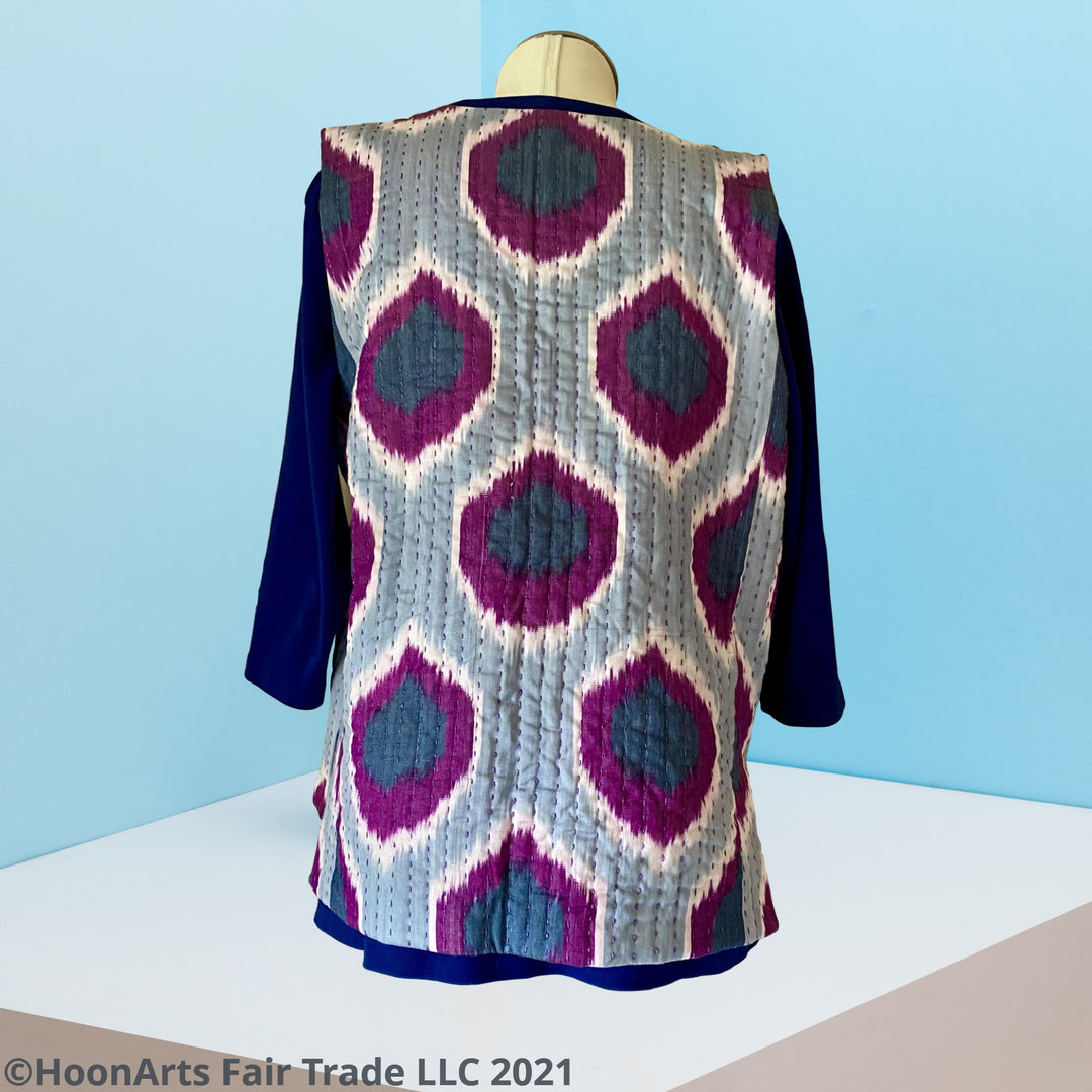 Asymmetrical Handwoven Ikat Vest-Purple and Grey Satisfying Luxury Wrap That Makes A Statement And Difference | HoonArts