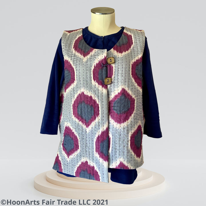 Asymmetrical Handwoven Ikat Vest-Purple and Grey Front View | HoonArts