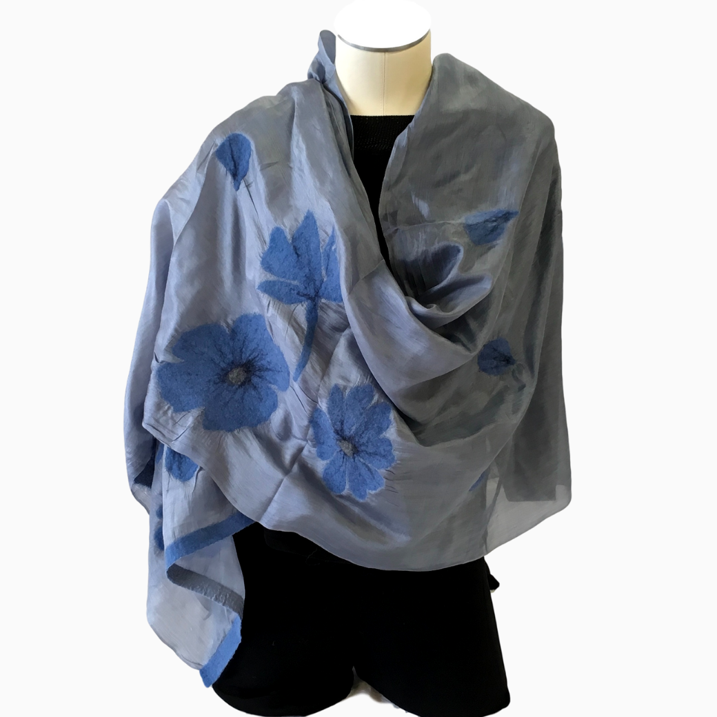 Kyrgyz Silk and Felted Scarf, Blue Poppies on Light Grey