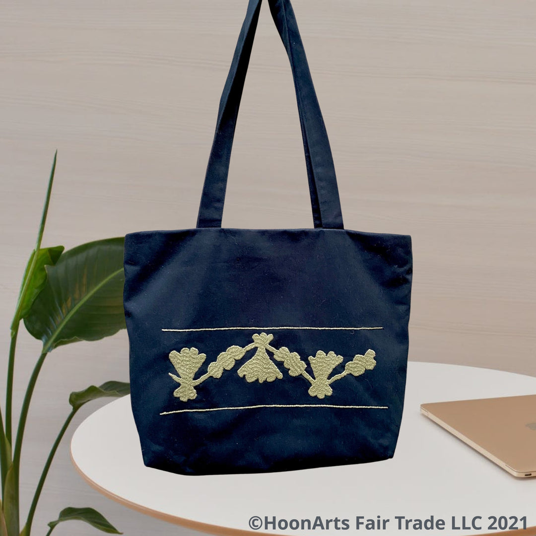 Taupe "Retro" Embroidery Black Tote Bag Beautiful Unique Fashion Tote | HoonArts Fair Trade