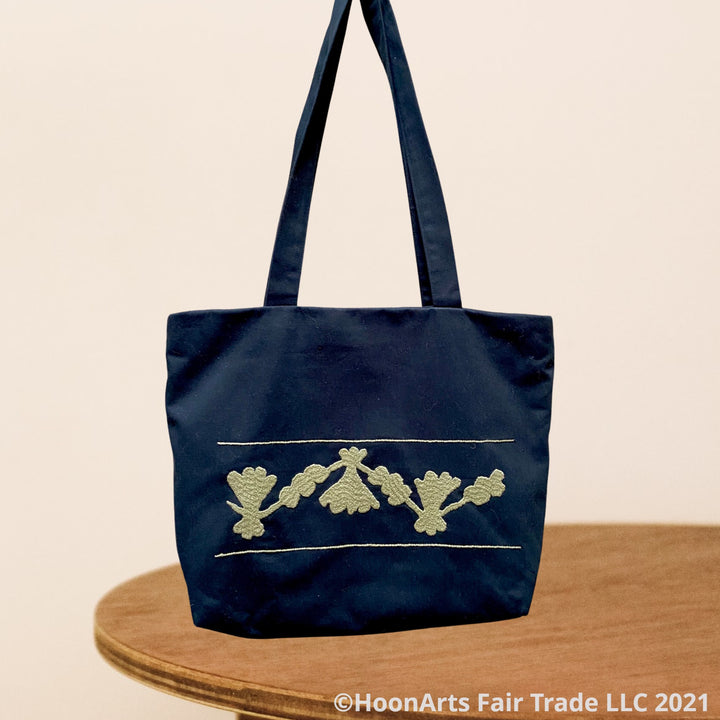 Taupe Hand Embroidered "Retro" Design On Black Tote Bag | HoonArts
