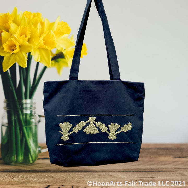 Black & Taupe Hand Embroidered "Retro" Tote Bag | HoonArts
