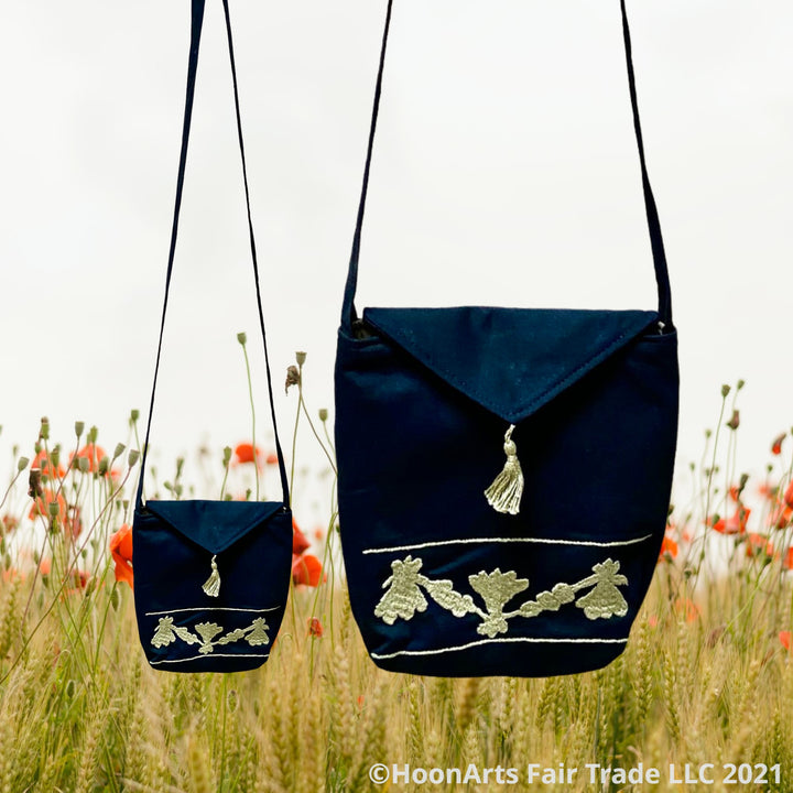 Taupe Retro Hand Embroidery Pattern Black Cross-Body Shoulder Bag | HoonArts