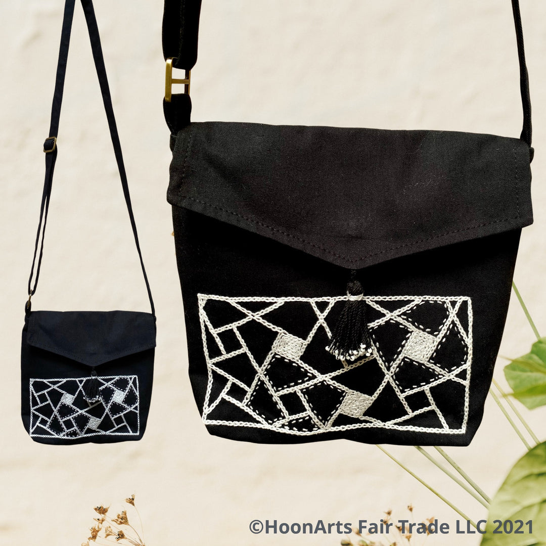 Black & White Cross-Body Shoulder Bag Geometric Design Pattern | HoonArts
