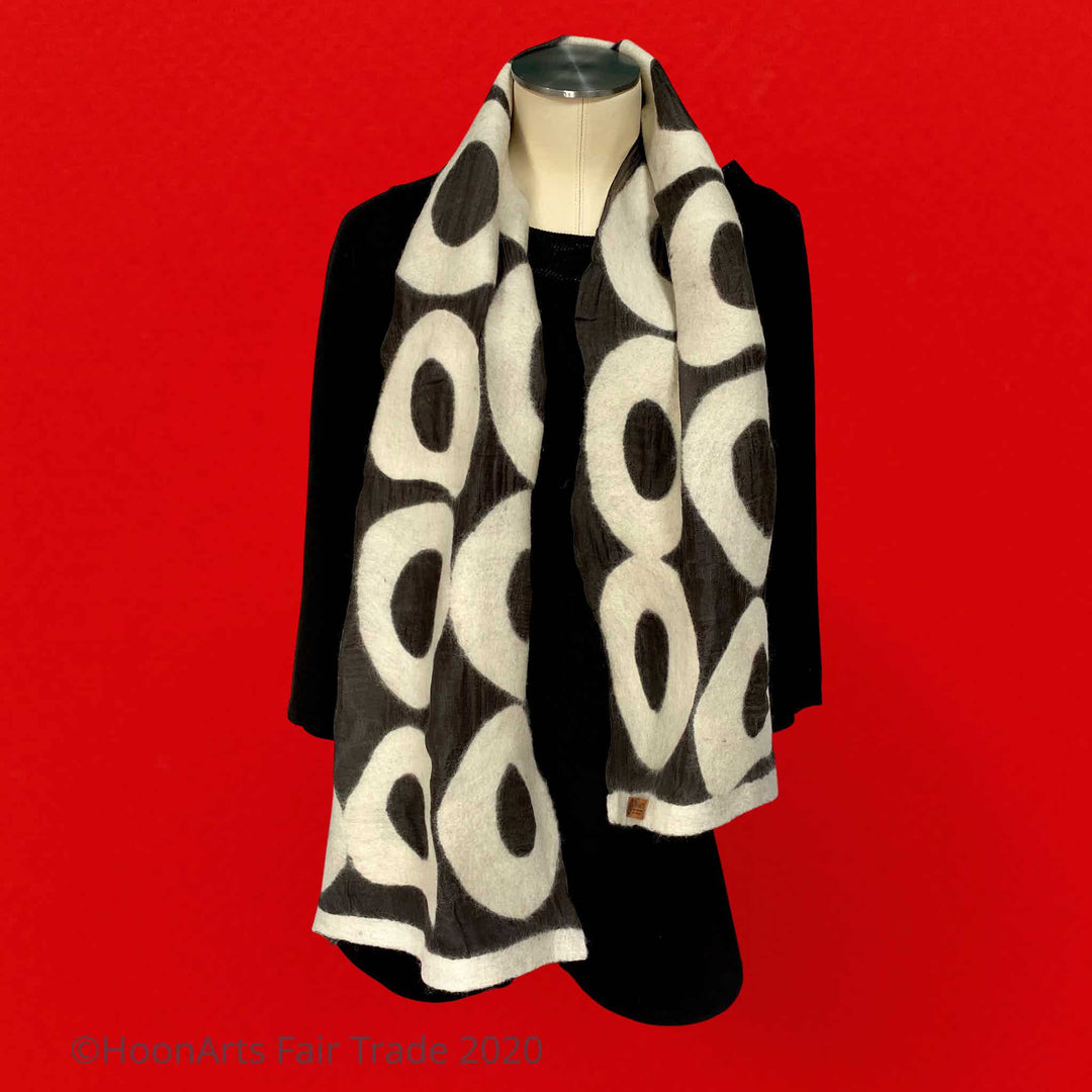 Kyrgyz Hand-felted Silk Scarf/Shawl, Black & White Circles