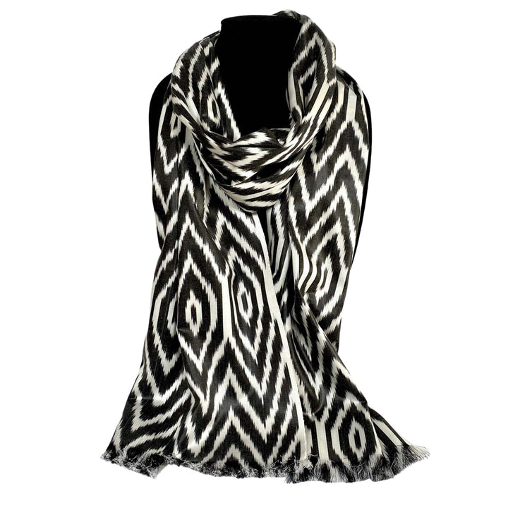 Ikat Silk Scarf-Cotton/Silk Blend-Black & White Geometric Pattern