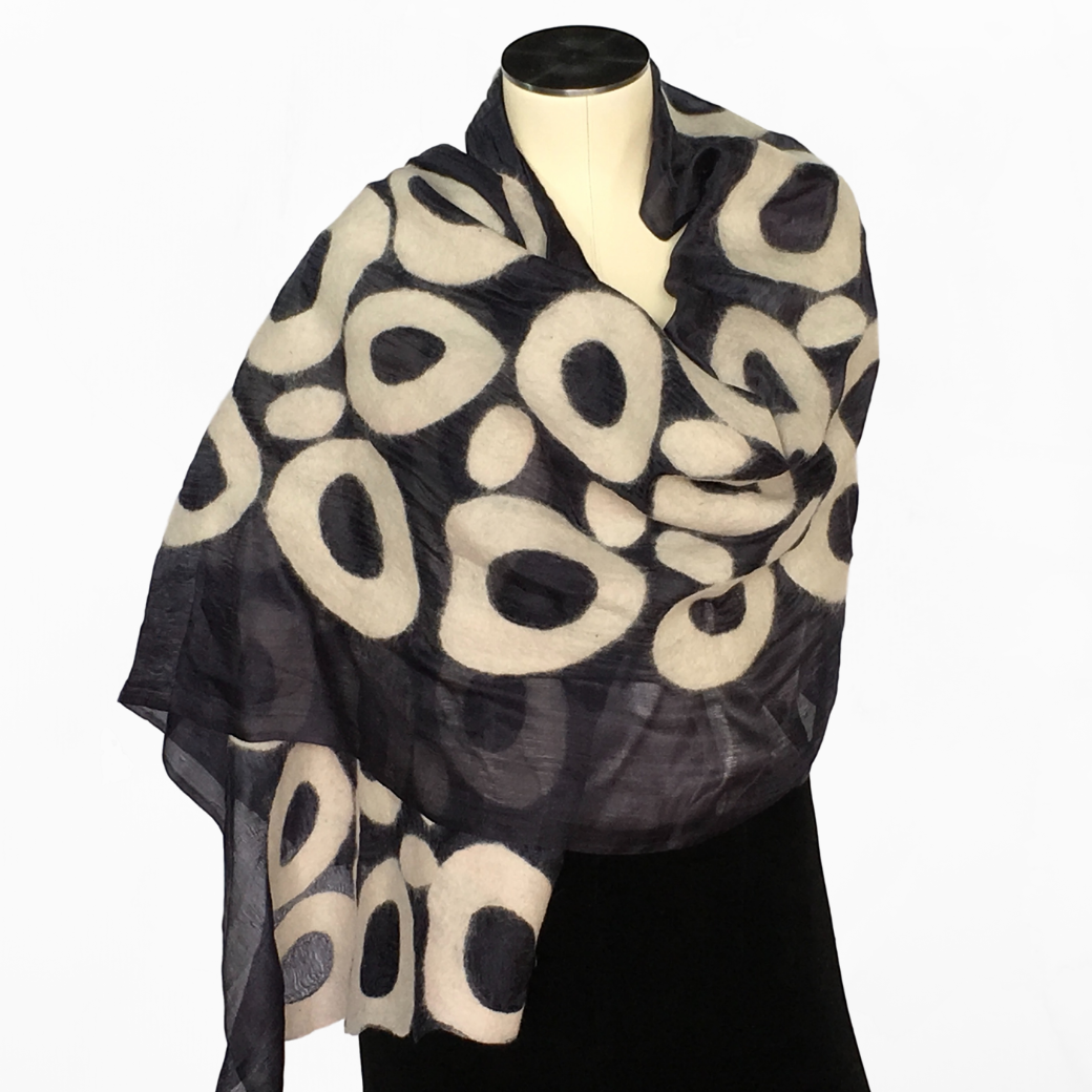 Kyrgyz Hand-felted Silk Scarf/Shawl, Black & White Circles