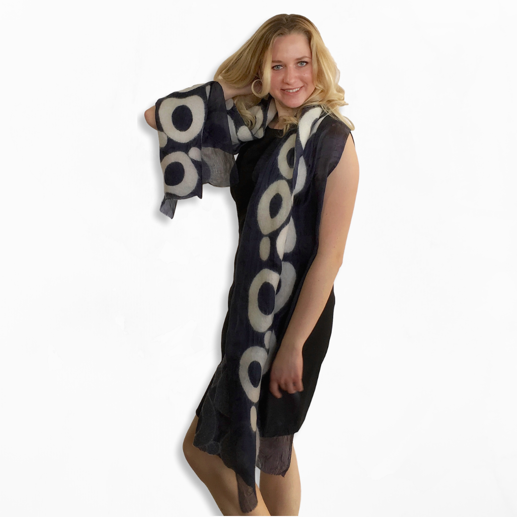 Kyrgyz Hand-felted Silk Scarf/Shawl, Black & White Circles