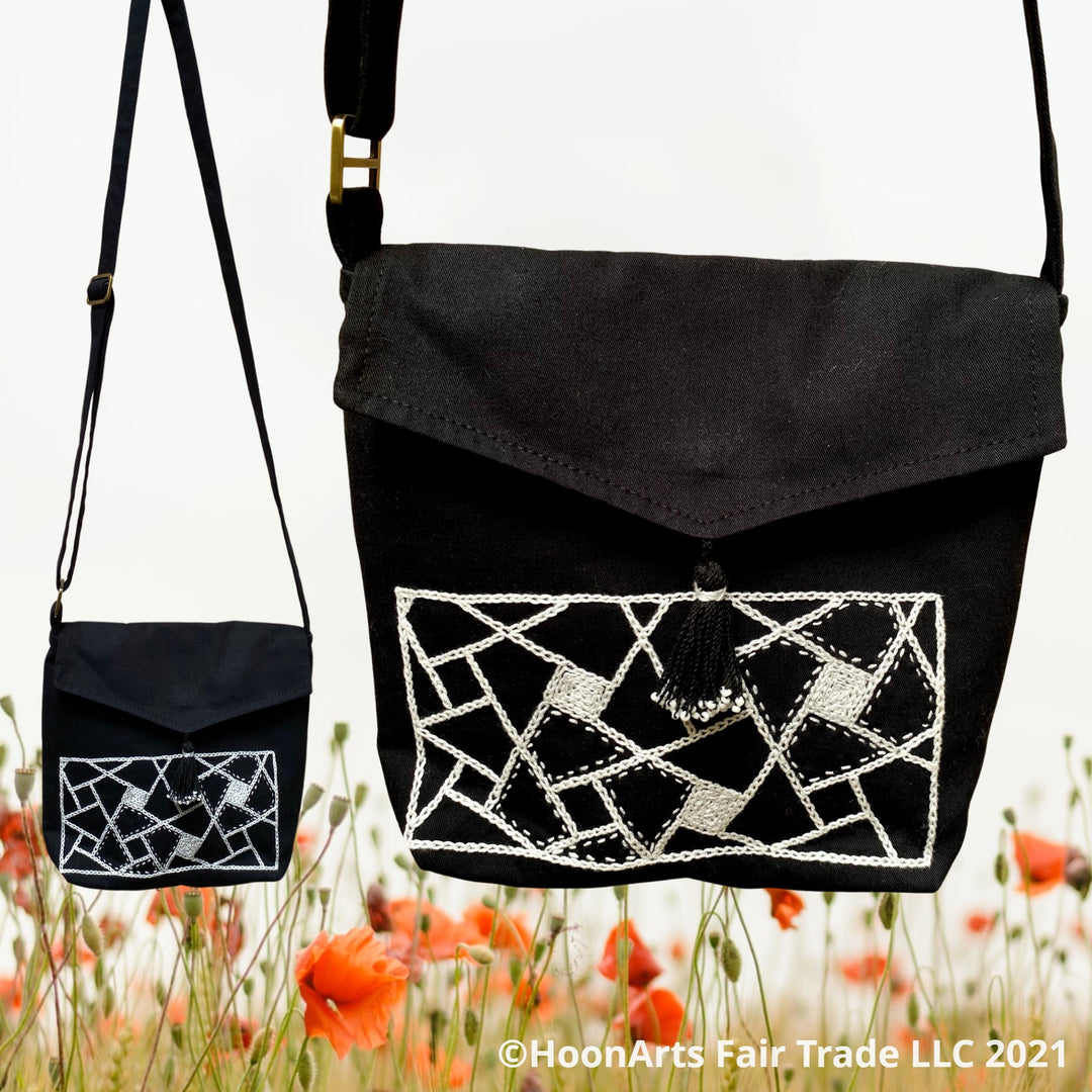 Framed White Geometric Pattern Design Black Cross-Body Bag | HoonArts