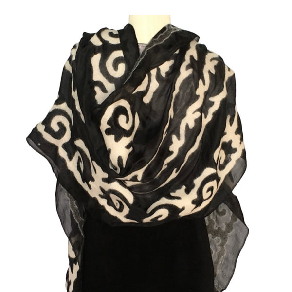 White felt on black silk scarf from Kyrgyzstan