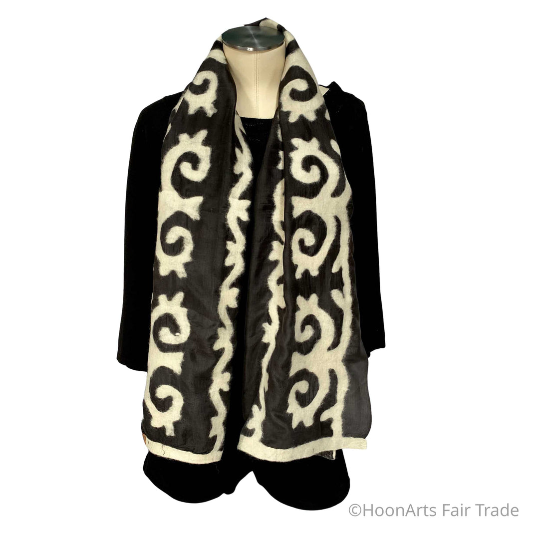 Kyrgyz Silk and Felted Scarf/Shawl, White on Black Tribal Patterns