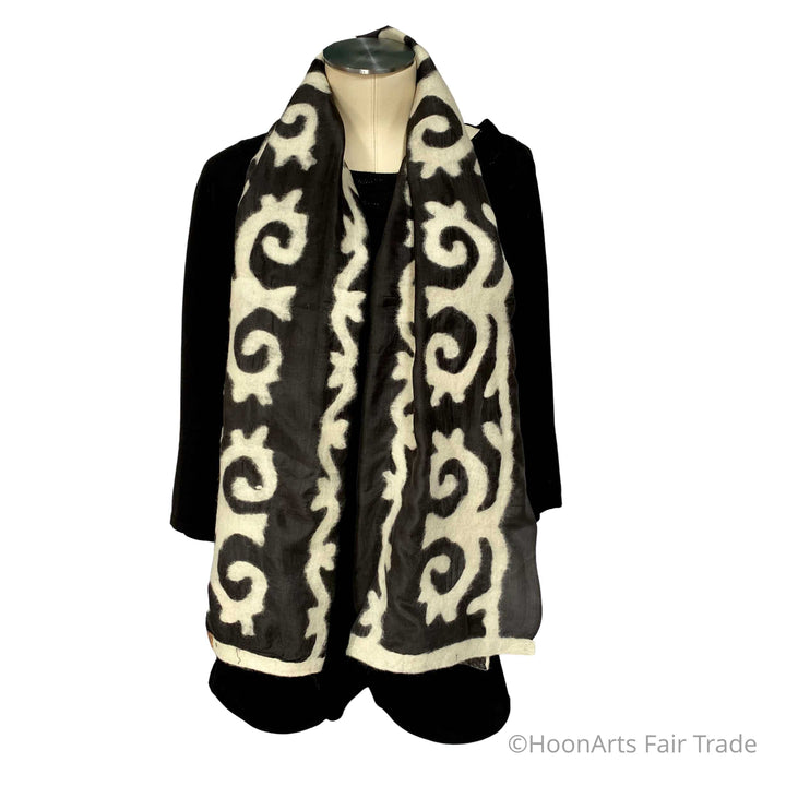 Kyrgyz Silk and Felted Scarf/Shawl, White on Black Tribal Patterns
