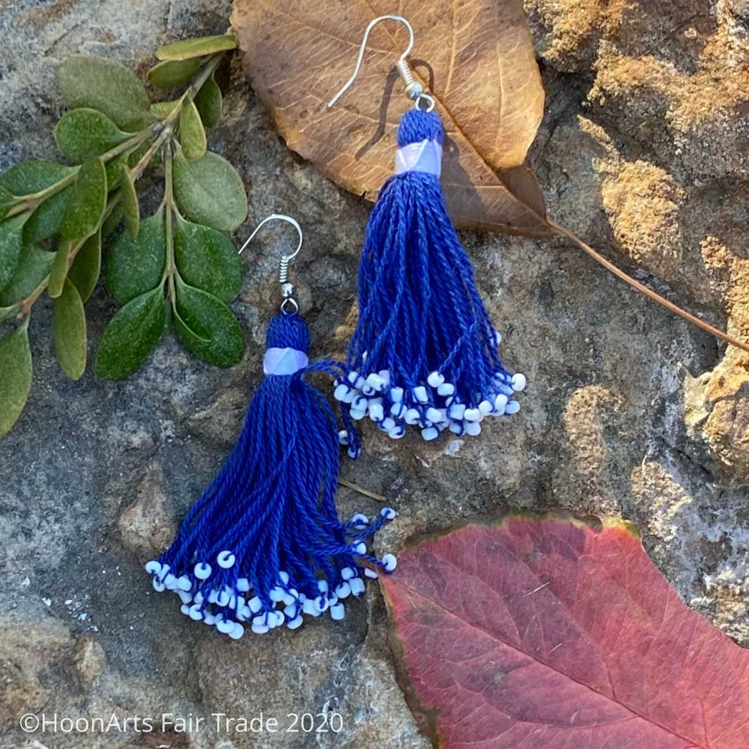 Handmade Beaded Tassel Earrings from Tajikistan Blue 1