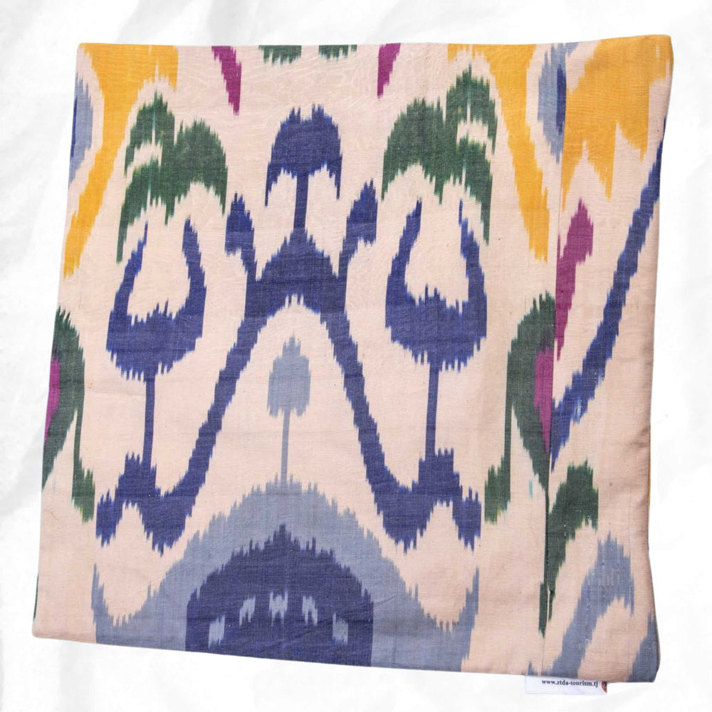 Handwoven silk ikat back of artist's edition hand embroidered pillow cover