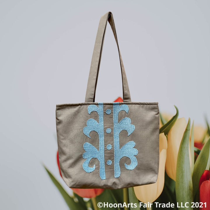 Embroidered Blue Suzani Tote Bag Unique Beautiful Design | HoonArts