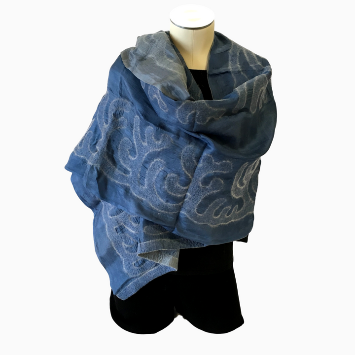 Blue and Grey Kyrgyz Felted Silk Scarf-Shawl, Double-Sided with Tribal Pattern