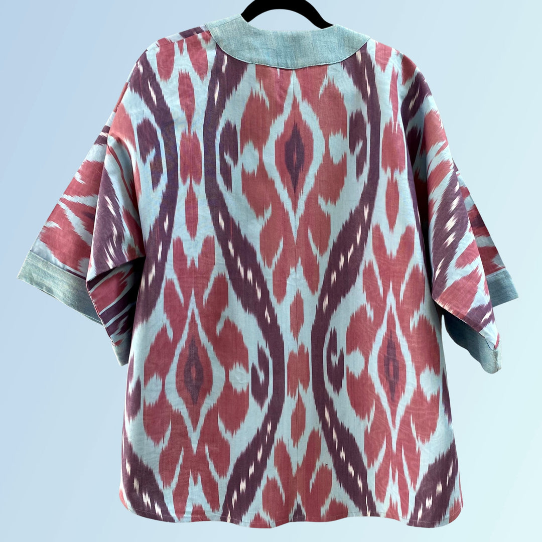 Blue & Magenta Embroidered Ikat Jacket Kimono Back View Blue Background