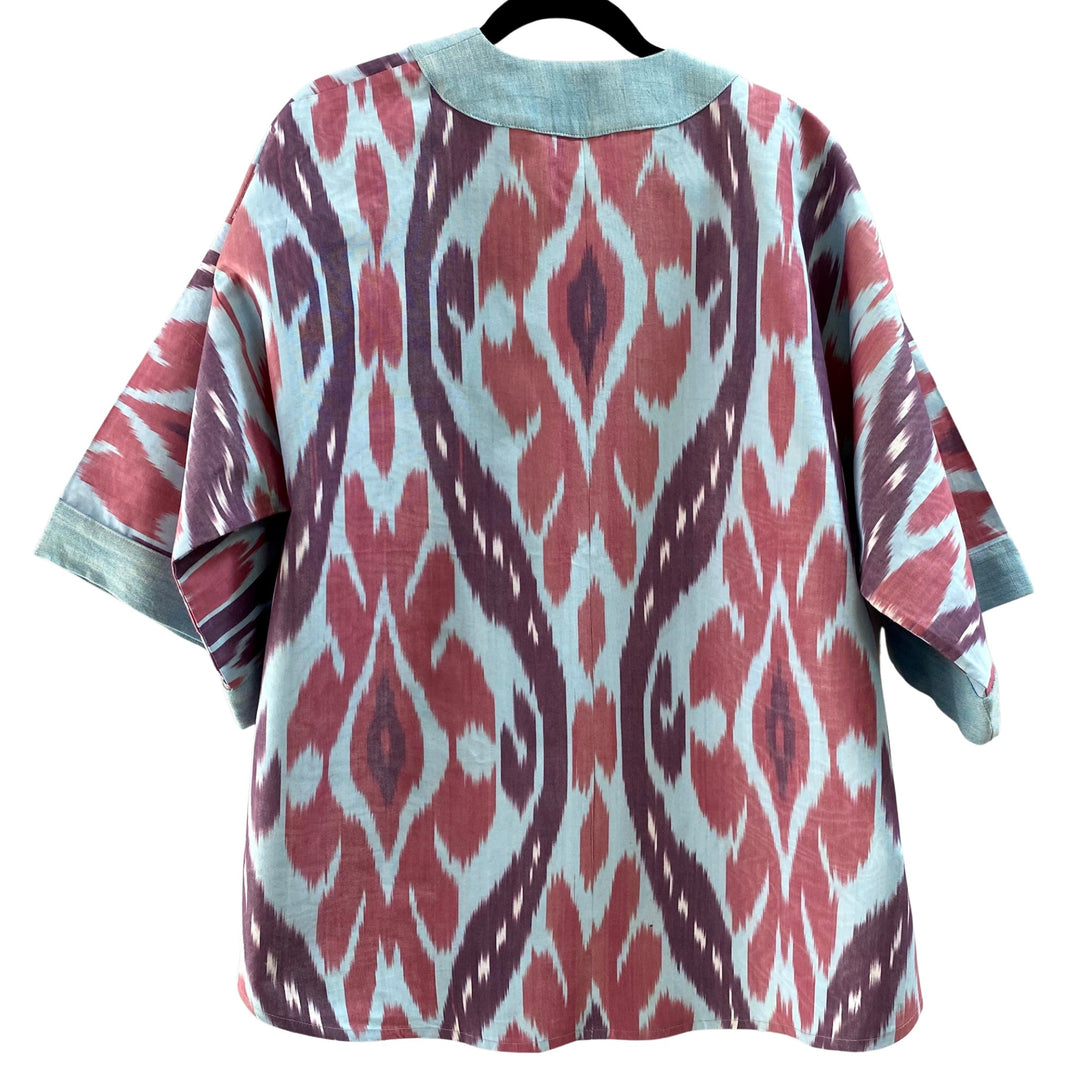Blue & Magenta Embroidered Ikat Jacket Kimono Back View White Background