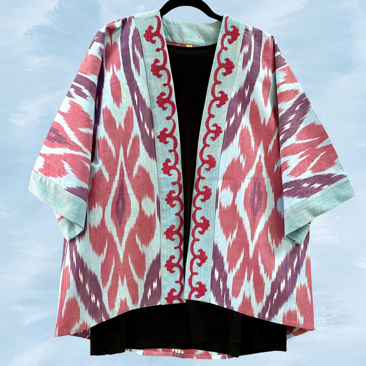 Blue & Magenta Embroidered Ikat Jacket Kimono Front View Blue Grey Background