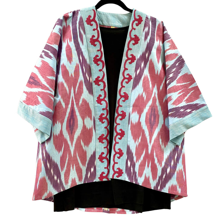 Blue & Magenta Embroidered Ikat Jacket Kimono Front View White Background