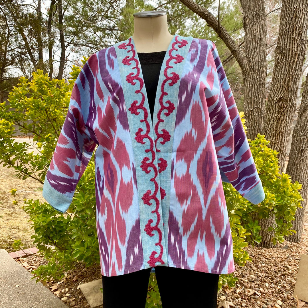 Blue & Magenta Embroidered Ikat Jacket Kimono on Mannequin