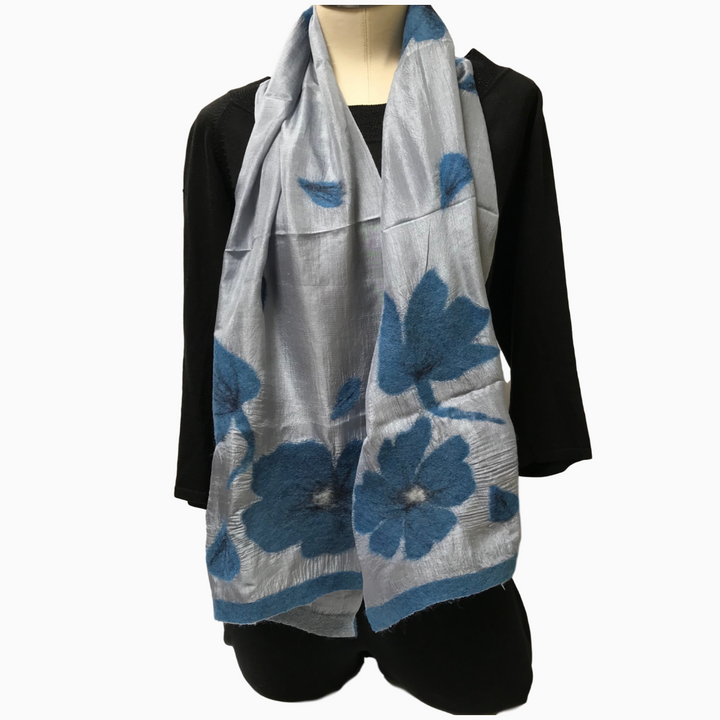 Short Kyrgyz Felted Silk Scarf-Blue Flowers on Light Grey