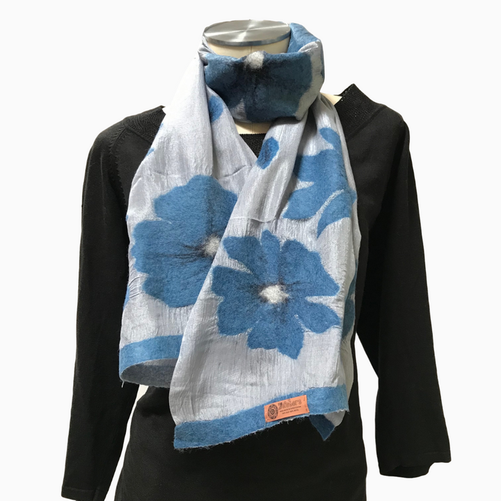 Kyrgyz Short Felted Silk Scarf-Blue Poppies on Silver