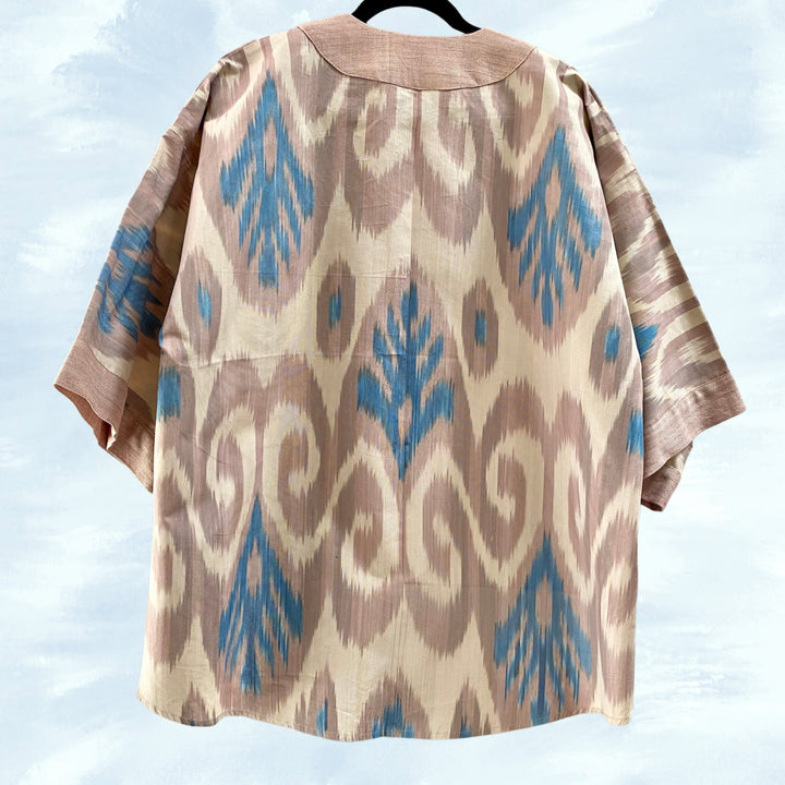 Blue & Cocoa Embroidered Ikat Jacket Kimono Back View Colored Background
