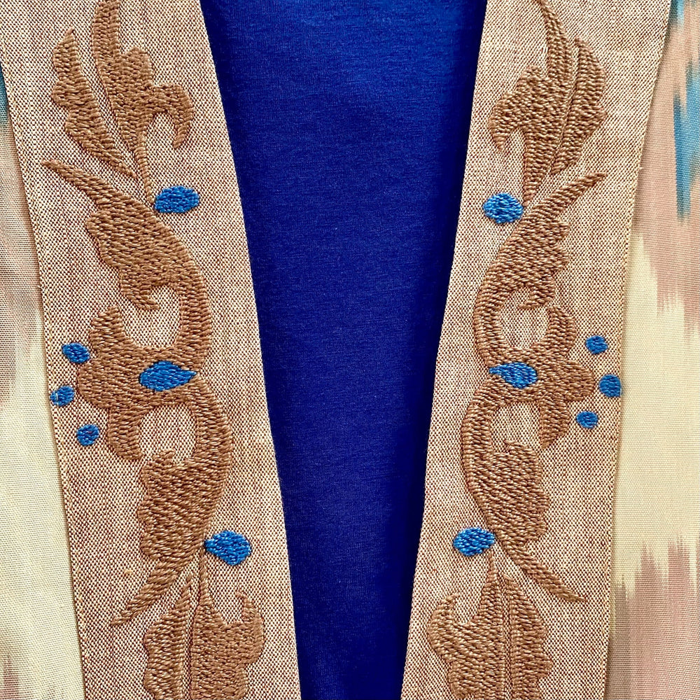 Blue & Cocoa Embroidered Ikat Jacket Kimono Embroidery Closeup