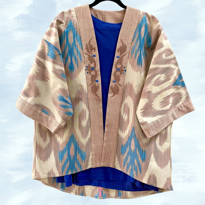 Blue & Cocoa Embroidered Ikat Jacket Kimono Front View Colored Background