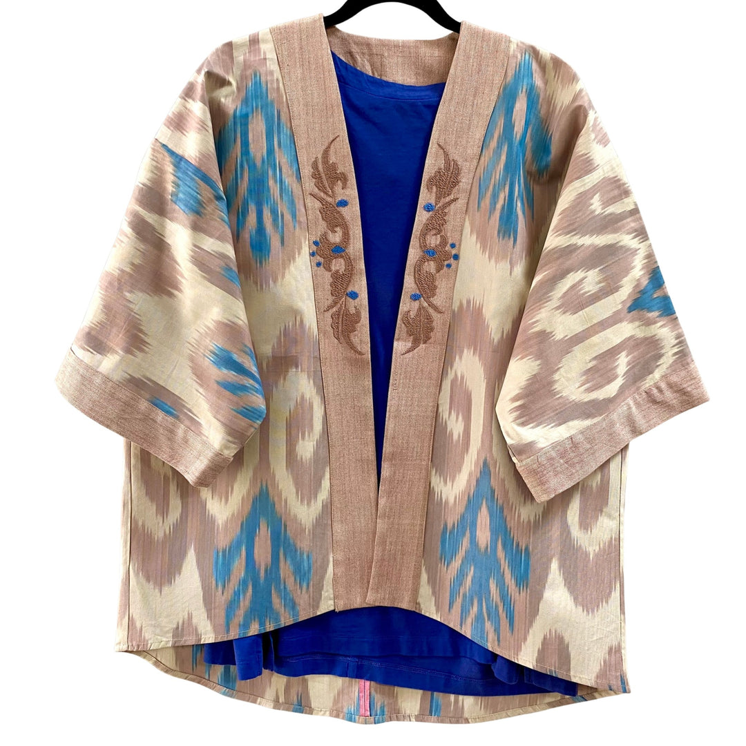 Blue & Cocoa Embroidered Ikat Jacket Kimono Front View White Background