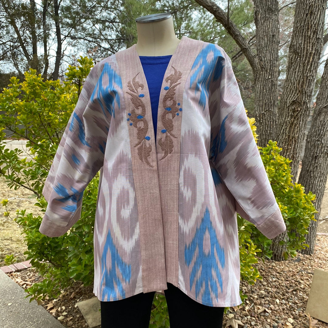 Blue & Cocoa Embroidered Ikat Jacket Kimono on Mannequin