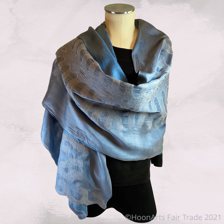 Blue and Grey Kyrgyz Felted Silk Scarf-Shawl, Double-Sided with Tribal Pattern
