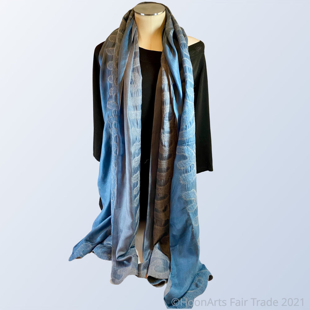 Blue and Grey Kyrgyz Felted Silk Scarf-Shawl, Double-Sided with Tribal Pattern