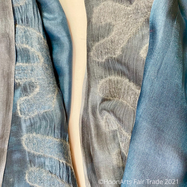Blue and Grey Kyrgyz Felted Silk Scarf-Shawl, Double-Sided with Tribal Pattern - stretched fabric