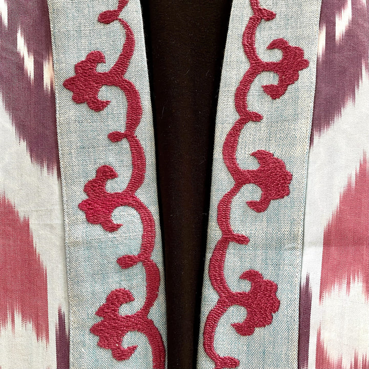 Blue & Magenta Embroidered Ikat Jacket Kimono Embroidery Closeup