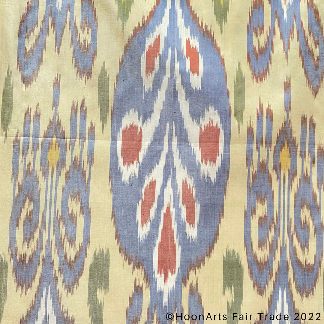 Silk Pastel Yellow Blue & Red Handwoven Ikat Scarf Closeup pattern