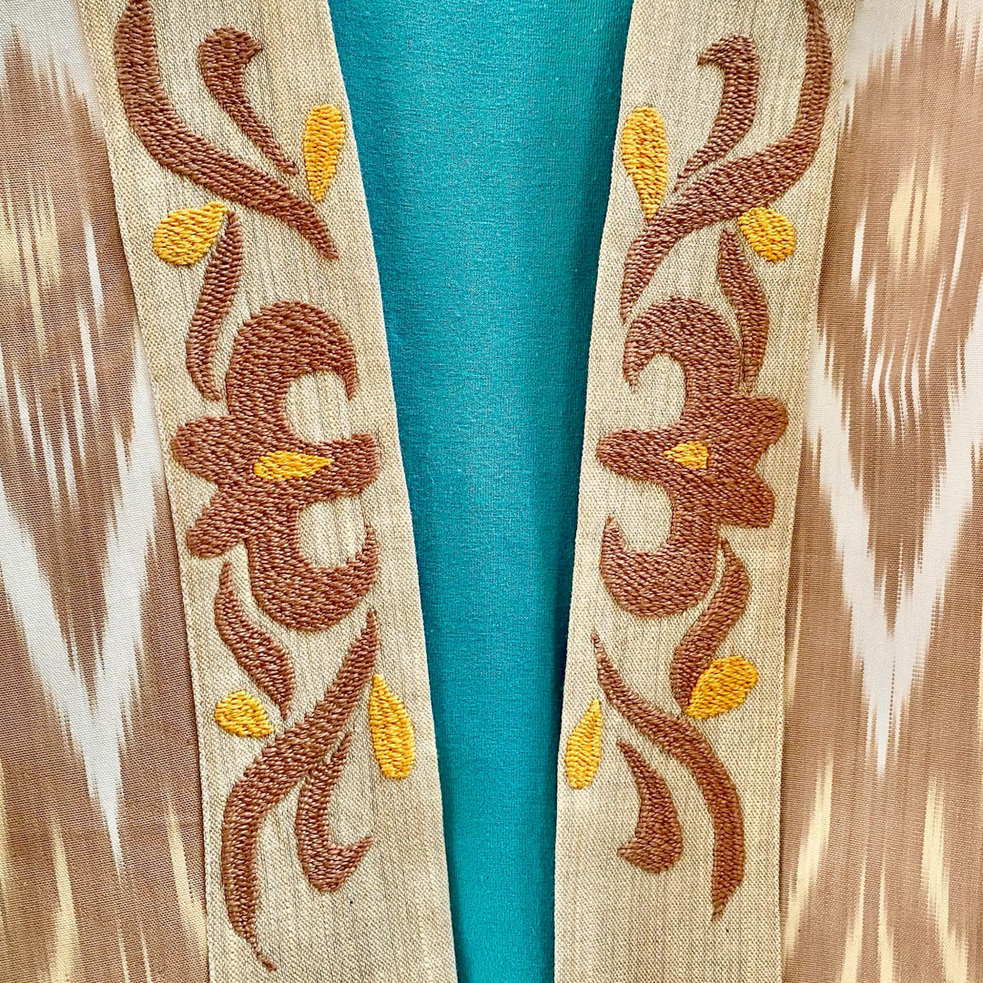 Cocoa Embroidered Ikat Jacket Kimono Embroidery Closeup