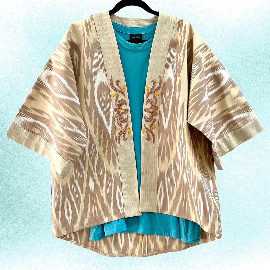 Cocoa Embroidered Ikat Jacket Kimono Front View Colored Background