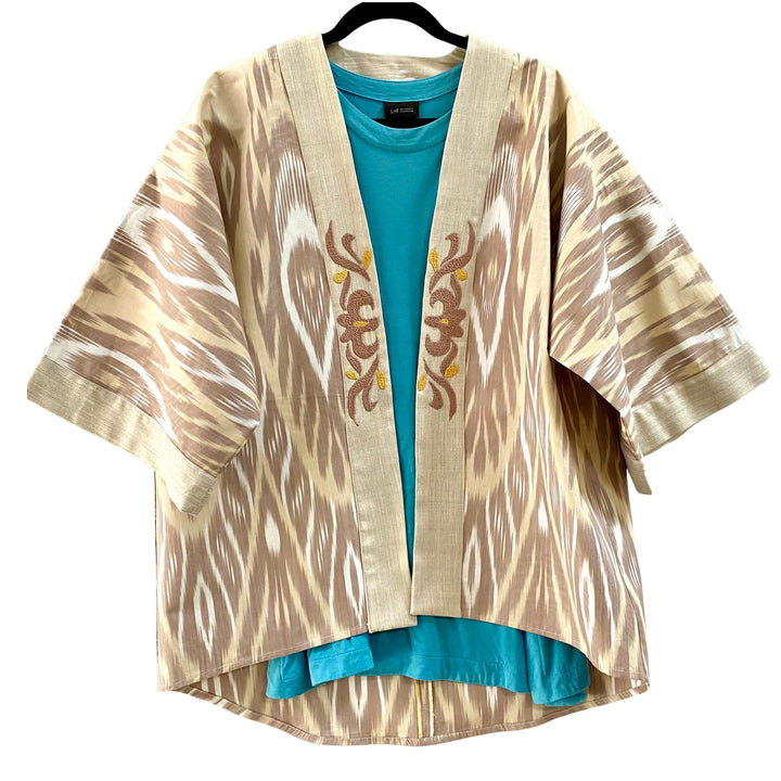 Cocoa Embroidered Ikat Jacket Kimono Front View White Background