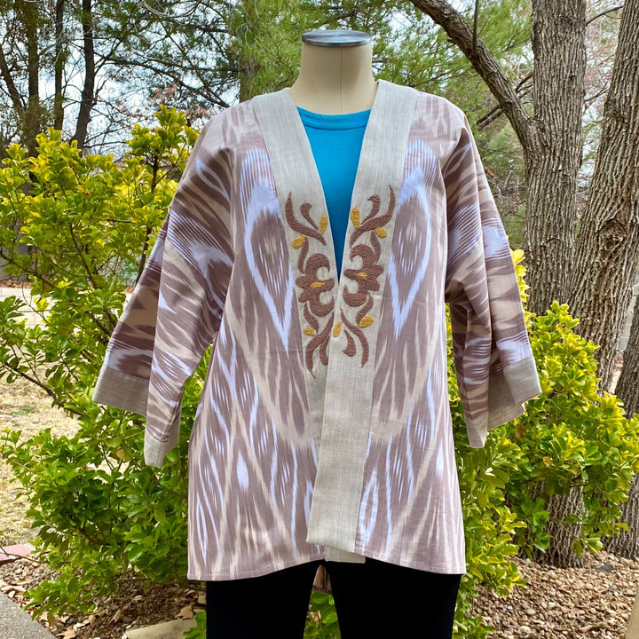 Cocoa Embroidered Ikat Jacket Kimono on Mannequin