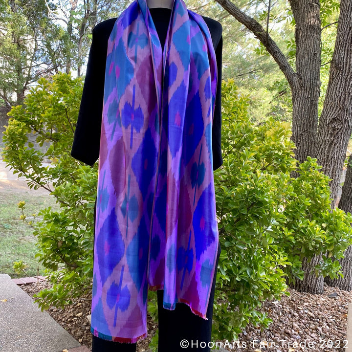 All Silk Purple Diamonds Ikat Scarf Cool Accent mannequin hanging around neck