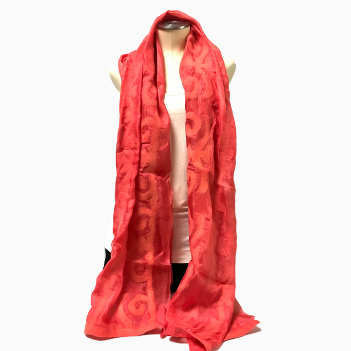 Handmade Coral Felted Silk Scarf with Tribal Patterns from Kyrgyzstan