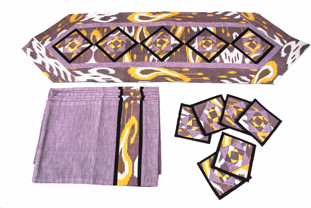 Ikat Hand Quilted Table Runner Set w mats & Coasters Lavender White Gold - HoonArts - 1